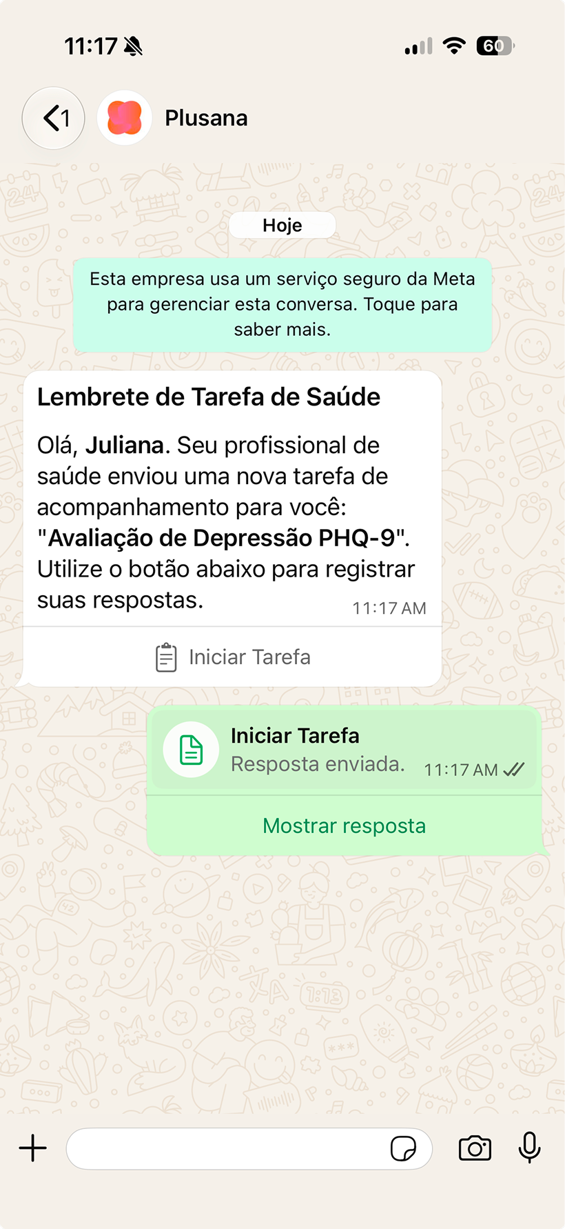 Coleta de tarefa de saúde no WhatsApp pelo Plusana